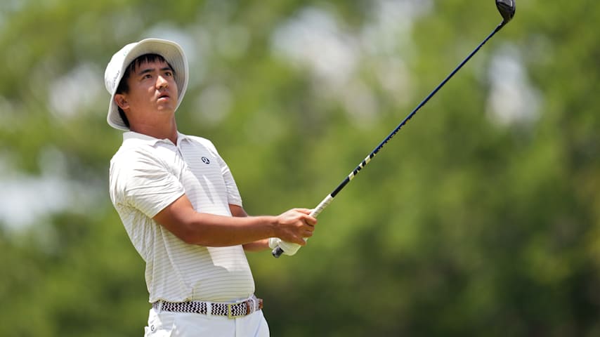 Zecheng Dou of China plays his shot from the second tee during the final round of the ONEflight Myrtle Beach Classic 2026 at Dunes Golf & Beach Club on May 10, 2026 in Myrtle Beach, South Carolina. (Raj Mehta/Getty Images)
