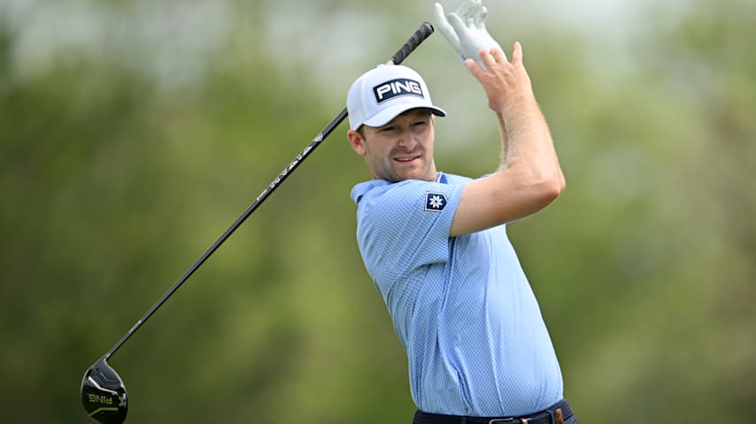 Brian Campbell of the United States plays his shot from the second tee during the first round of the RBC Canadian Open 2026 at TPC Toronto at Osprey Valley on June 11, 2026 in Caledon, Ontario. (Minas Panagiotakis/Getty Images)