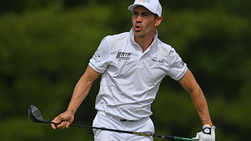 Camilo Villegas of Colombia reacts to his shot from the ninth tee during the first round of the RBC Canadian Open 2026 at TPC Toronto at Osprey Valley on June 11, 2026 in Caledon, Ontario. (Minas Panagiotakis/Getty Images)