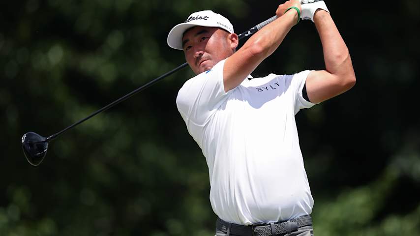 Doug Ghim of the United States plays his shot from the 12th tee during the third round of the Charles Schwab Challenge 2026 at Colonial Country Club on May 30, 2026 in Fort Worth, Texas. (Stacy Revere/Getty Images)