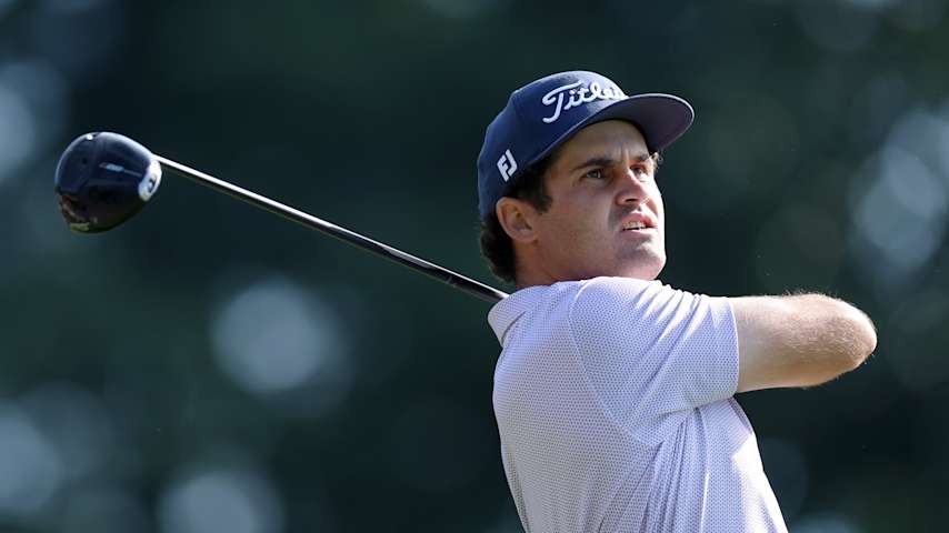 Jackson Suber of the United States plays a shot from the first tee during the first round of the Travelers Championship 2026 at TPC River Highlands on June 25, 2026 in Cromwell, Connecticut. (Andrew Redington/Getty Images)