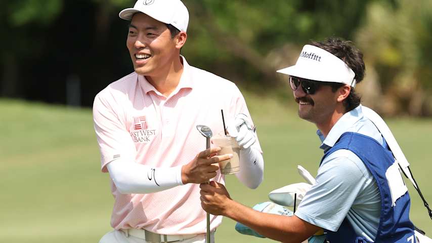 Jeffrey Kang of the United States reacts with his caddie after holing out for an eagle on the tenth hole during the final round of the Zurich Classic of New Orleans 2026 at TPC Louisiana on April 26, 2026 in Avondale, Louisiana. (Stacy Revere/Getty Images)