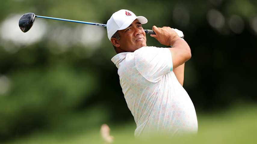Jhonattan Vegas of Venezuela plays a shot from the first tee during the first round of the Travelers Championship 2026 at TPC River Highlands on June 25, 2026 in Cromwell, Connecticut. (Jordan Bank/Getty Images)