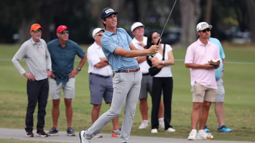 Amateur Mason Howell of the United States plays a shot on the ninth hole during the second round of The RSM Classic 2025 at Sea Island Resort Plantation Course on November 21, 2025 in St Simons Island, Georgia. (Mike Mulholland/Getty Images)
