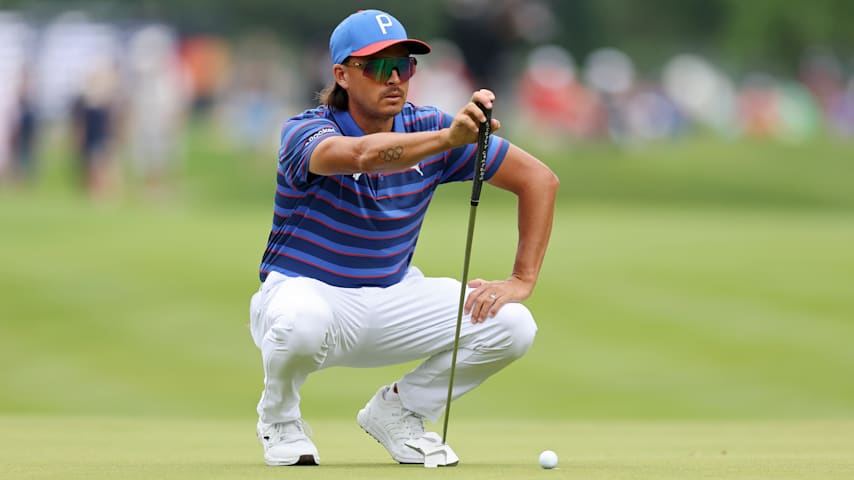 Rickie Fowler of the United States lines up a putt on the third green during the second round of the Travelers Championship 2026 at TPC River Highlands on June 26, 2026 in Cromwell, Connecticut. (Jordan Bank/Getty Images)