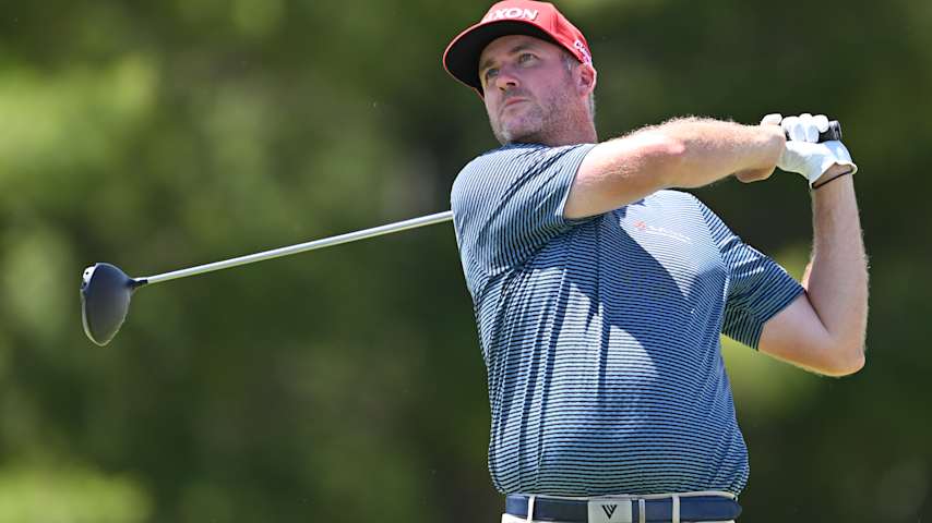 Taylor Pendrith of Canada plays his shot from the ninth tee during the third round of the RBC Canadian Open 2026 at TPC Toronto at Osprey Valley on June 13, 2026 in Caledon, Ontario. (Minas Panagiotakis/Getty Images)