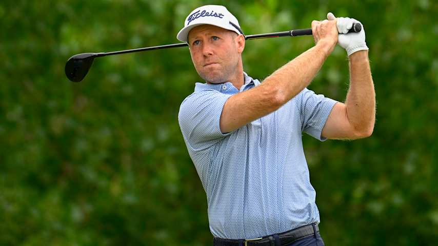 Tyler Duncan tees off on the fourth hole during the final round of the OccuNet Classic presented by Amarillo National Bank 2026 at Tascosa Golf Club on June 14, 2026 in Amarillo, Texas. (Alex Goodlett/Getty Images)