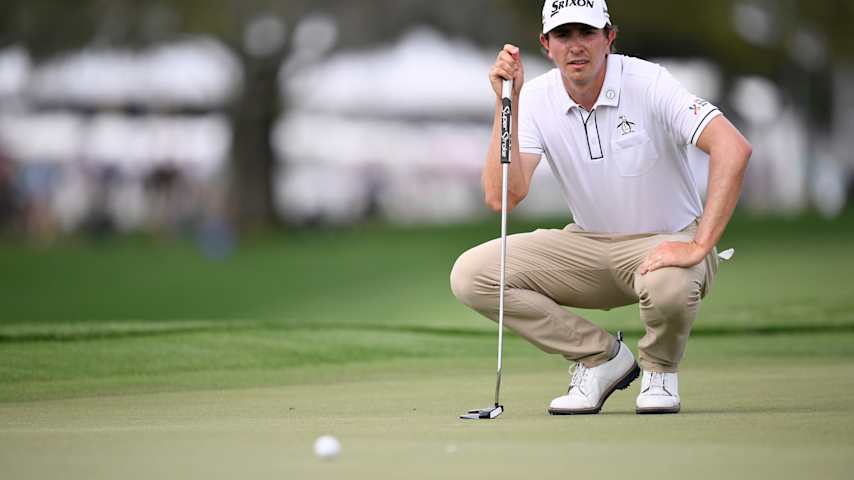 Nico Echavarria of Colombia plays lines up a putt on the ninth green during the first round of the Arnold Palmer Invitational presented by Mastercard 2026 at Arnold Palmer Bay Hill Golf Course on March 05, 2026 in Orlando, Florida. (Orlando Ramirez/Getty Images)