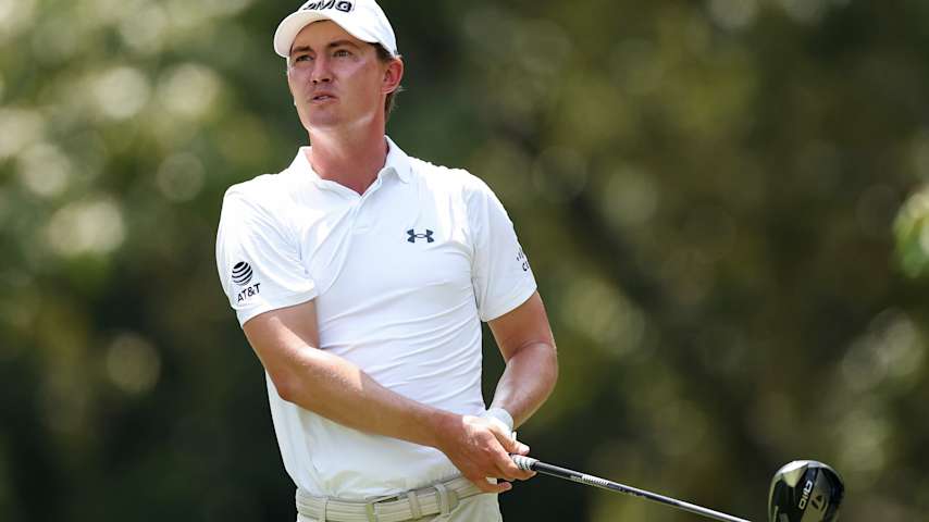 Maverick McNealy watches a tee shot on the seventh hole during the second round of the FedEx St. Jude Championship 2025 at TPC Southwind on August 08, 2025 in Memphis, Tennessee. (Stacy Revere/Getty Images)