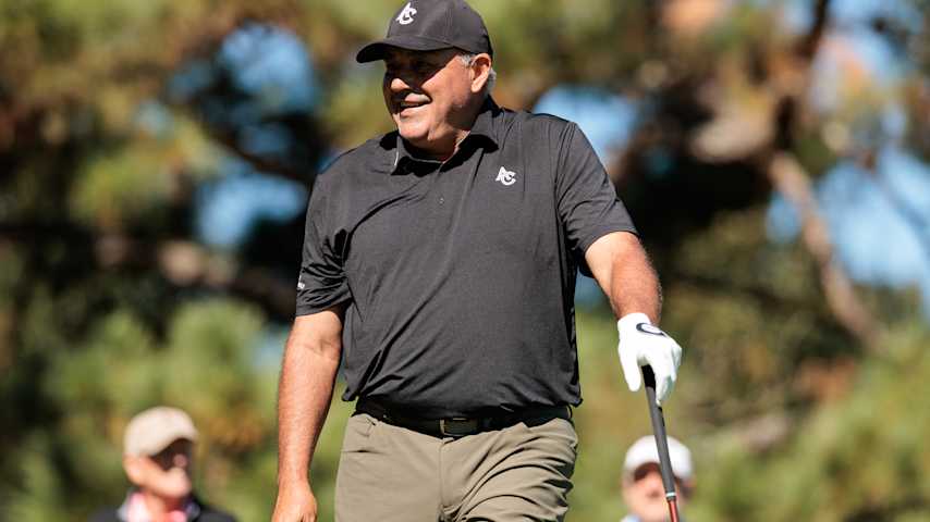 Ãngel Cabrera of Argentina reacts to his shot from the second tee during the first round of the Dominion Energy Charity Classic 2025 at The Country Club of Virginia on October 17, 2025 in Richmond, Virginia. (Andrew Wevers/Getty Images)