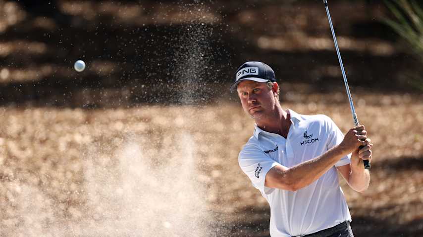 Harris English of the United States plays a shot from a bunker prior to THE PLAYERS Championship 2026 at THE PLAYERS Stadium course at TPC Sawgrass on March 10, 2026 in Ponte Vedra Beach, Florida. (Richard Heathcote/Getty Images)