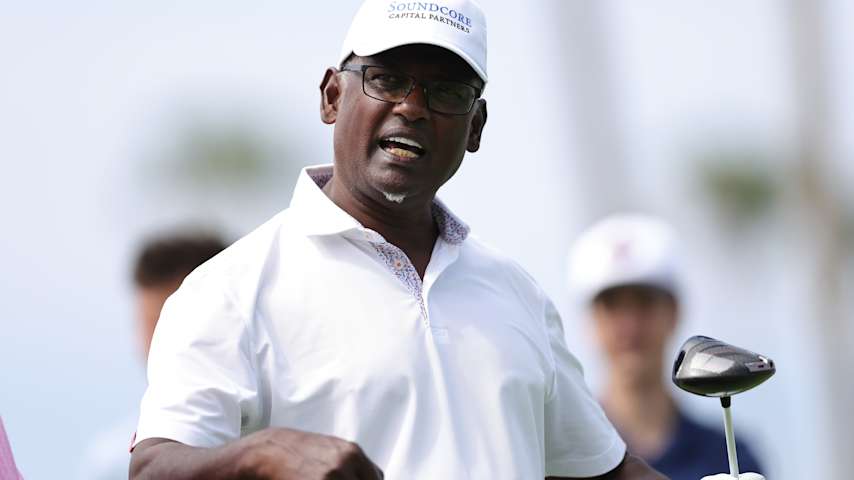Vijay Singh of Fiji prepares to play a tee shot on the second hole during Round One of the Hoag Classic at Newport Beach Country Club on March 27, 2026 in Newport Beach, California. (Ronald Martinez/Getty Images)