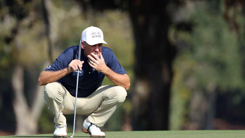 Brendon Todd of the United States lines up a putt on the first green during the second round of The RSM Classic 2025 at Sea Island Resort Plantation Course on November 21, 2025 in St Simons Island, Georgia. (Mike Mulholland/Getty Images)