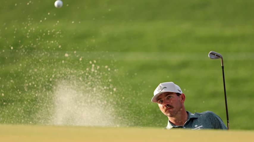Chandler Phillips of the United States plays a shot from a bunker on the third hole during the first round of THE PLAYERS Championship 2026 at THE PLAYERS Stadium course at TPC Sawgrass on March 12, 2026 in Ponte Vedra Beach, Florida. (Richard Heathcote/Getty Images)