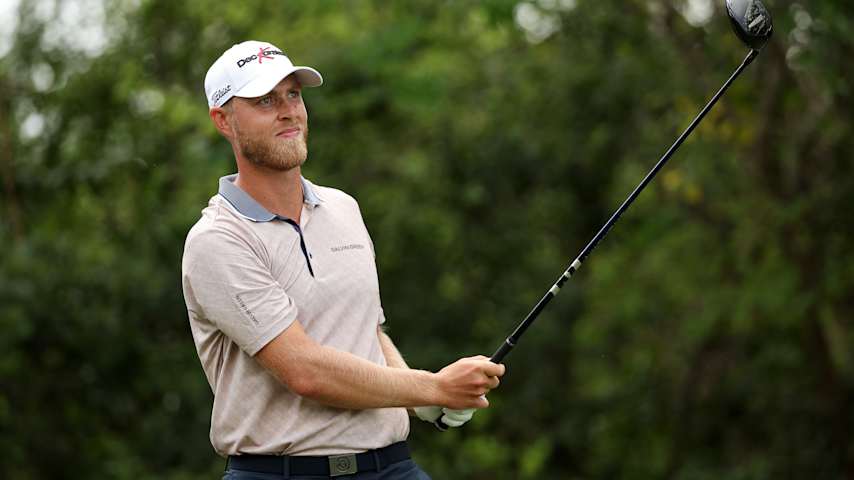 Jesper Svensson of Sweden plays a shot from the eighth tee during the first round of the Texas Children's Houston Open 2026 at Memorial Park Golf Course on March 26, 2026 in Houston, Texas. (Mike Mulholland/Getty Images)