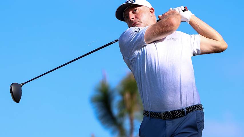 David Skinns hits his tee shot on the eighth hole during the continuation of the first round of the LECOM Suncoast Classic 2026 at Lakewood National Golf Club Commander on April 3, 2026 in Lakewood Ranch, Florida. (Parker S. Freedman/Getty Images)