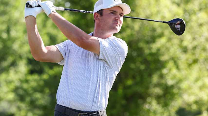 Trent Phillips of the United States hits his tee shot on the first hole during the final round of the LECOM Suncoast Classic 2026 at Lakewood National Golf Club Commander on April 5, 2026 in Lakewood Ranch, Florida. (Parker S. Freedman/Getty Images)