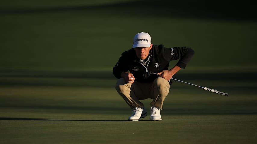 Johnny Keefer of the United States lines up a putt on the second green during the first round of the 2026 Masters Tournament at Augusta National Golf Club on April 09, 2026 in Augusta, Georgia. (Jared C. Tilton/Getty Images)