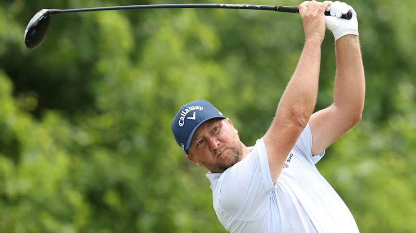 Brice Garnett of the United States plays his shot from the second tee during the third round of the Zurich Classic of New Orleans 2026 at TPC Louisiana on April 25, 2026 in Avondale, Louisiana. (Stacy Revere/Getty Images)