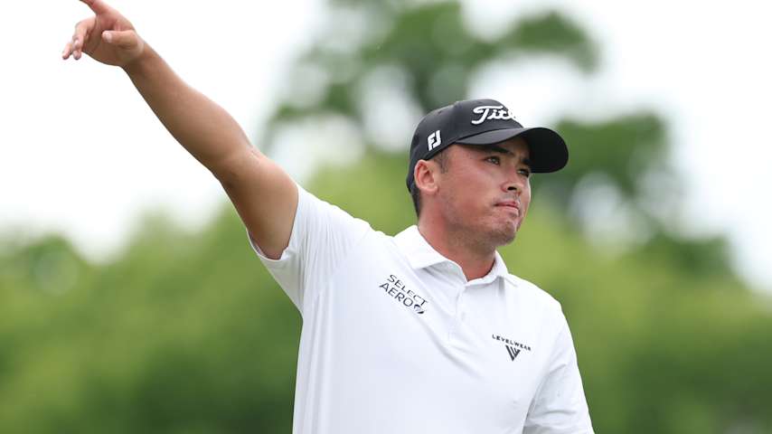A.J. Ewart of Canada gestures after his shot from the ninth tee during the third round of the Zurich Classic of New Orleans 2026 at TPC Louisiana on April 25, 2026 in Avondale, Louisiana. (Chris Graythen/Getty Images)