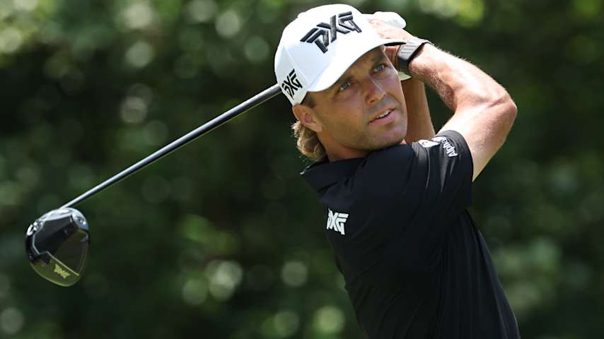 Eric Cole of the United States plays his shot from the fifth tee during the final round of the Zurich Classic of New Orleans 2026 at TPC Louisiana on April 26, 2026 in Avondale, Louisiana. (Chris Graythen/Getty Images)