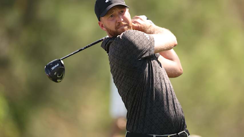 Daniel Berger of the United States plays his shot from the ninth tee during the second round of THE PLAYERS Championship 2026 at THE PLAYERS Stadium course at TPC Sawgrass on March 13, 2026 in Ponte Vedra Beach, Florida. (James Gilbert/Getty Images)