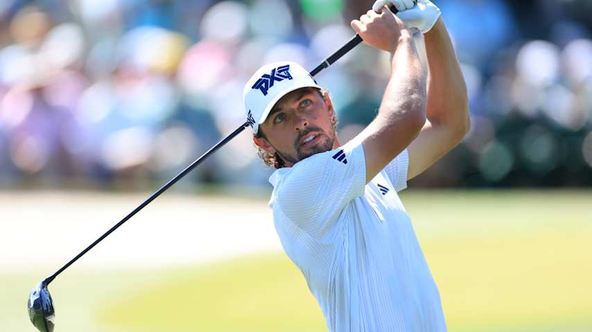 Marco Penge of England tees off on the 3rd hole during the final round of the 2026 Masters Tournament at Augusta National Golf Club on April 12, 2026 in Augusta, Georgia. (David Cannon/Getty Images)