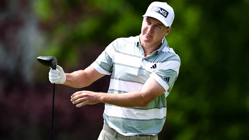 Max McGreevy reacts to a tee shot on the seventh hole during the second round of the Truist Championship 2026 at Quail Hollow Country Club on May 08, 2026 in Charlotte, North Carolina. (Jared C. Tilton/Getty Images)
