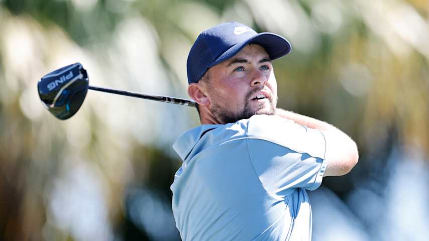 Alex Fitzpatrick of England plays his shot from the 12th tee during the third round of the Cadillac Championship 2026 at Trump National Doral Miami on May 02, 2026 in Doral, Florida. (Carmen Mandato/Getty Images)