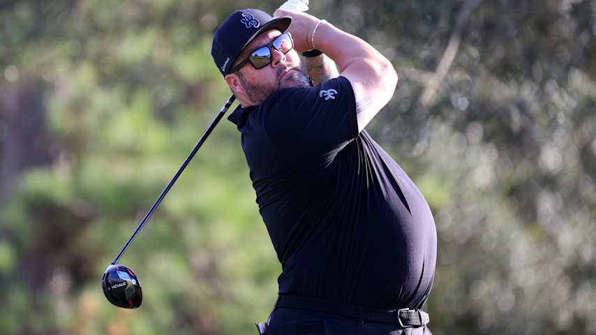 Ben Kern of the United States plays his shot from the first tee during the second round of the Cadence Bank Houston Open at Memorial Park Golf Course on November 11, 2022 in Houston, Texas. (Carmen Mandato/Getty Images)