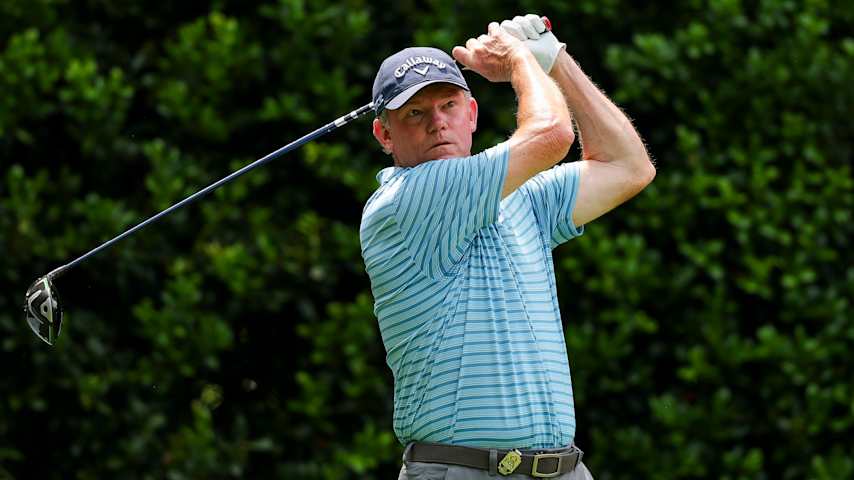Shaun Micheel of the United States hits a tee shot on the 12th hole during the first round of the PGA Championship at Quail Hollow Country Club on May 15, 2025 in Charlotte, North Carolina. (Kevin C. Cox/Getty Images)