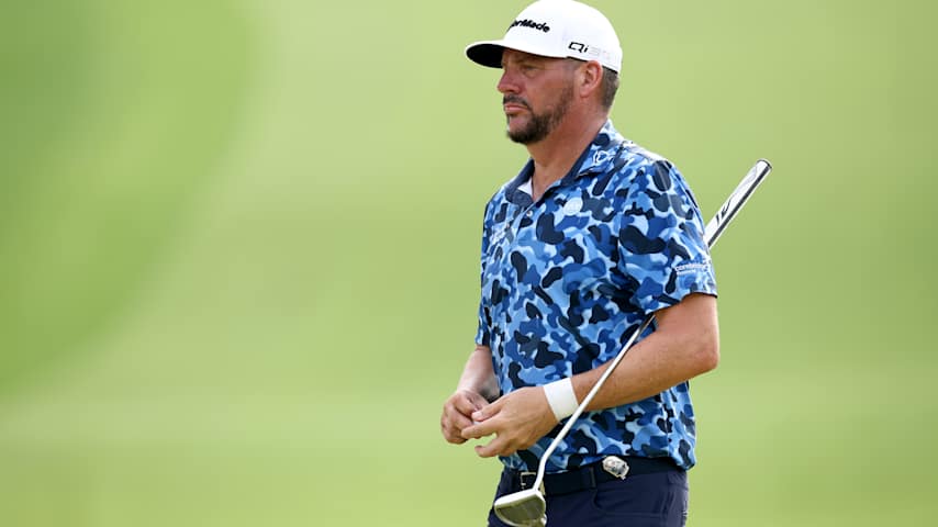 Michael Block of the United States, Corebridge Financial Team of PGA of America Golf Professionals, looks on while playing the first hole during the second round of the PGA Championship at Quail Hollow Country Club on May 16, 2025 in Charlotte, North Carolina. (Jared C. Tilton/Getty Images)