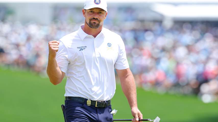 Bryson DeChambeau of the United States reacts after a birdie on the first green during the third round of the PGA Championship at Quail Hollow Country Club on May 17, 2025 in Charlotte, North Carolina. (Kevin C. Cox/Getty Images)