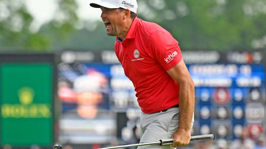 Keegan Bradley of the United States reacts to his birdie putt on the 18th green during the final round of the Travelers Championship 2025 at TPC River Highlands on June 22, 2025 in Cromwell, Connecticut. (Alex Goodlett/Getty Images)
