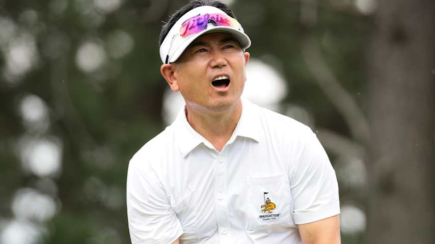 Y.E. Yang of South Korea reacts to a shot from the sixth tee during the second round of the U.S. Senior Open Championship 2025 at Broadmoor Golf Club on June 27, 2025 in Colorado Springs, Colorado. (Andrew Wevers/Getty Images)