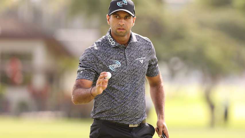 Aaron Rai of England reacts to his birdie on on the third green during the first round of the Sony Open in Hawaii 2026 at Waialae Country Club on January 15, 2026 in Honolulu, Hawaii. (Mike Mulholland/Getty Images)