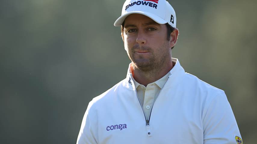 Davis Riley of the United States looks on while playing the first hole during the second round of the 2026 Masters Tournament at Augusta National Golf Club on April 10, 2026 in Augusta, Georgia. (Hector Vivas/Getty Images)