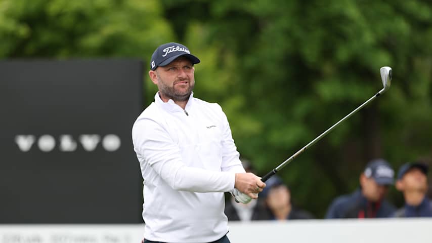 Andy Sullivan of England plays his shot on the 2nd hole on day one of the Volvo China Open 2026 at Enhance Anting Golf Club on April 23, 2026 in Shanghai, China. (Zhe Ji/Getty Images)