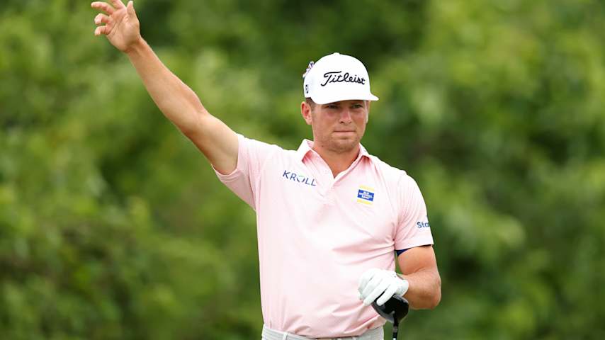 Michael Brennan of the United States gestures after his shot from the second tee during the second round of the Zurich Classic of New Orleans 2026 at TPC Louisiana on April 24, 2026 in Avondale, Louisiana. (Stacy Revere/Getty Images)