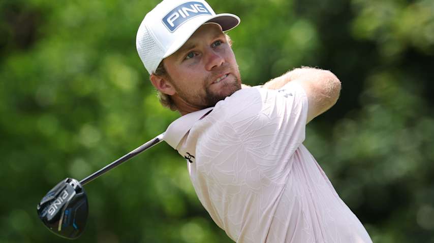 Rasmus Neergaard-Petersen of Denmark plays his shot from the fifth tee during the final round of the Zurich Classic of New Orleans 2026 at TPC Louisiana on April 26, 2026 in Avondale, Louisiana. (Chris Graythen/Getty Images)