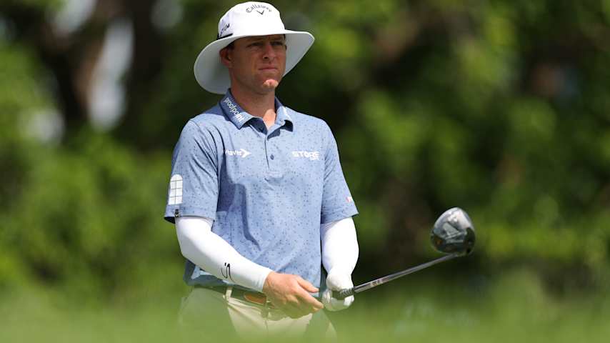 Max Greyserman of United States of America prepares to play his shot on the 11th tee prior to the Cadillac Championship 2026 at Trump National Doral Miami on April 29, 2026 in Doral, Florida. (Megan Briggs/Getty Images)