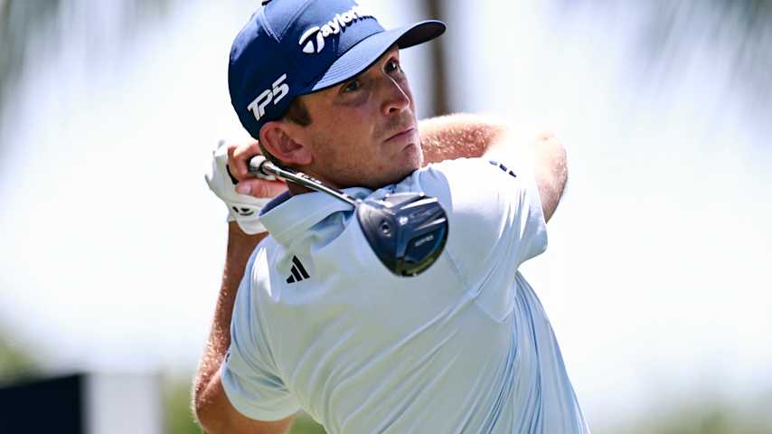 Jacob Bridgeman of the United States plays his shot from the seventh tee during the first round of the Cadillac Championship 2026 at Trump National Doral Miami on April 30, 2026 in Doral, Florida. (Carmen Mandato/Getty Images)