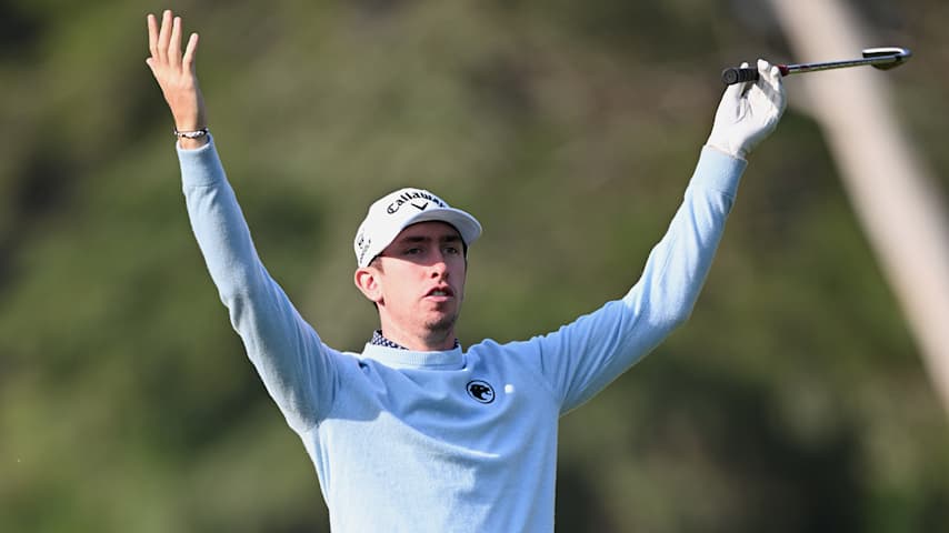 Tom McKibbin of Northern Ireland react following his second shot on the 13th hole on day two of the Turkish Airlines Open 2026 at National Golf Club on May 01, 2026 in Belek, Turkey. (Stuart Franklin/Getty Images)
