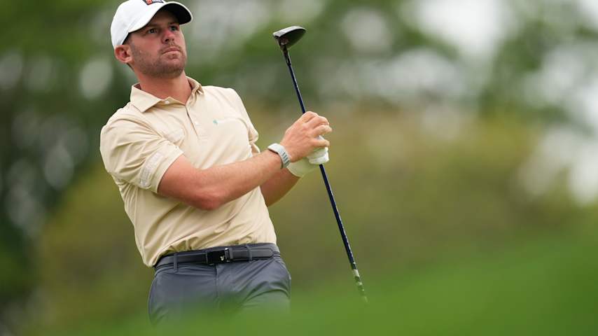 Tyler Collet of the United States watches his shot from the second tee during the first round of the ONEflight Myrtle Beach Classic 2026 at Dunes Golf & Beach Club on May 07, 2026 in Myrtle Beach, South Carolina. (Raj Mehta/Getty Images)