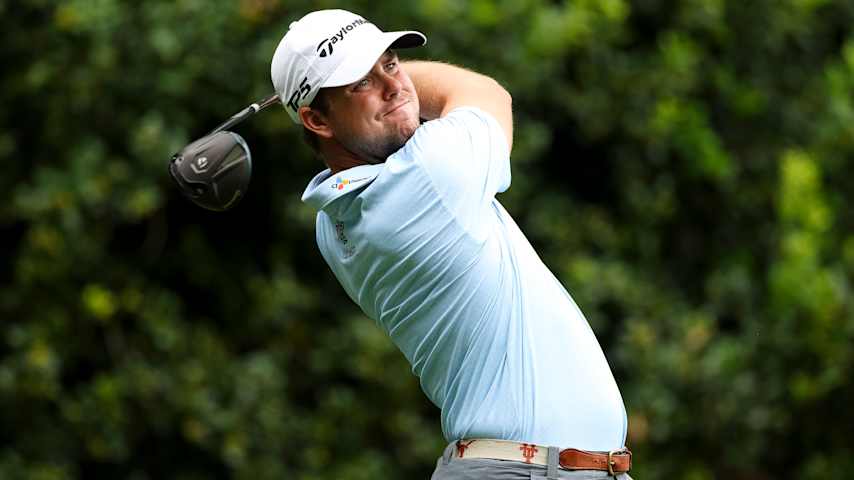 Pierceson Coody hits a tee shot on the 12th hole during the first round of the Truist Championship 2026 at Quail Hollow Country Club on May 07, 2026 in Charlotte, North Carolina. (Andrew Redington/Getty Images)