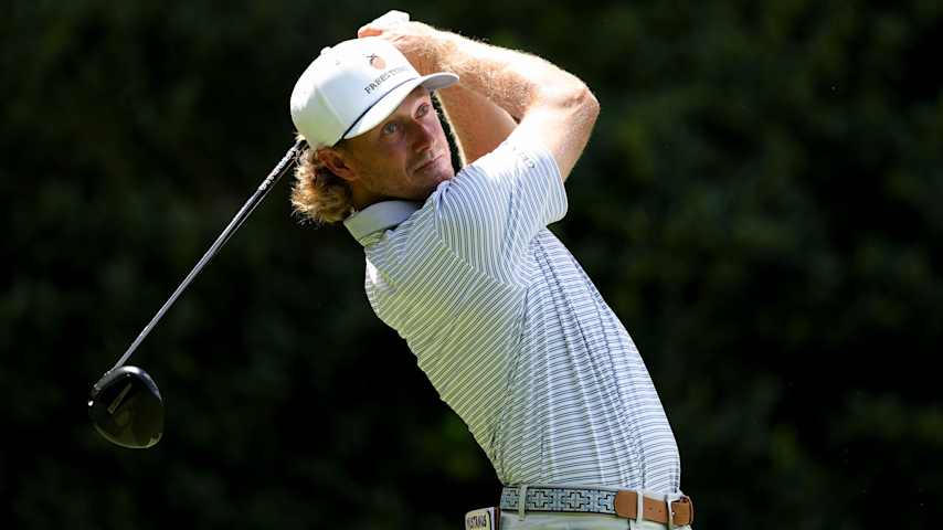 Austin Smotherman hits a tee shot on the 12th hole during the first round of the Truist Championship 2026 at Quail Hollow Country Club on May 07, 2026 in Charlotte, North Carolina. (Andrew Redington/Getty Images)