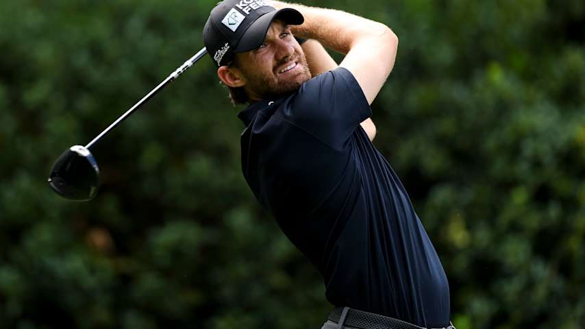 Patrick Rodgers hits a tee shot on the 12th hole during the first round of the Truist Championship 2026 at Quail Hollow Country Club on May 07, 2026 in Charlotte, North Carolina. (Andrew Redington/Getty Images)