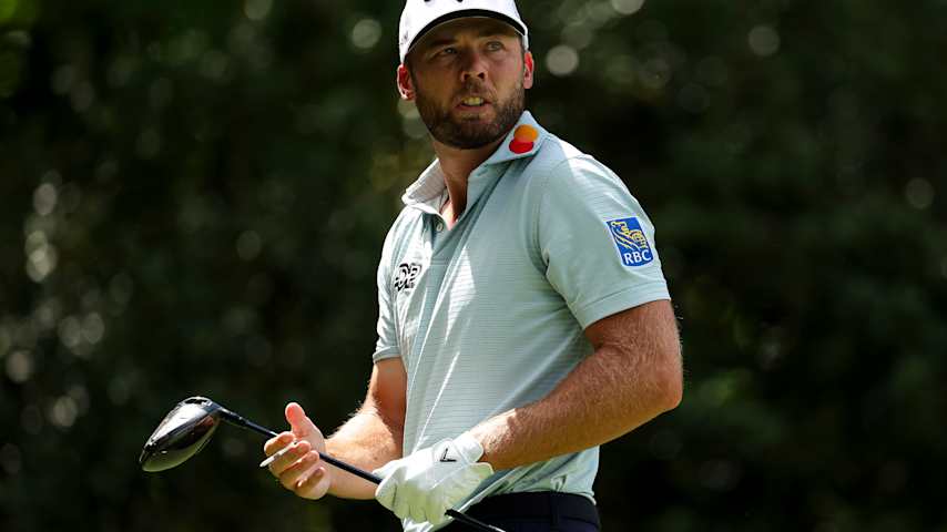Sam Burns reacts to a tee shot on the 12th hole during the first round of the Truist Championship 2026 at Quail Hollow Country Club on May 07, 2026 in Charlotte, North Carolina. (Andrew Redington/Getty Images)