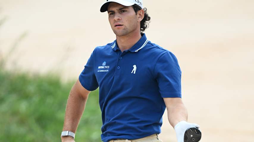 Angel Ayora of Spain prepares to play his second shot on the 10th hole from a bunker on day two of the Estrella Damm Catalunya Championship 2026 at Real Club de Golf el Prat on May 08, 2026 in Barcelona, Spain. (Stuart Franklin/Getty Images)