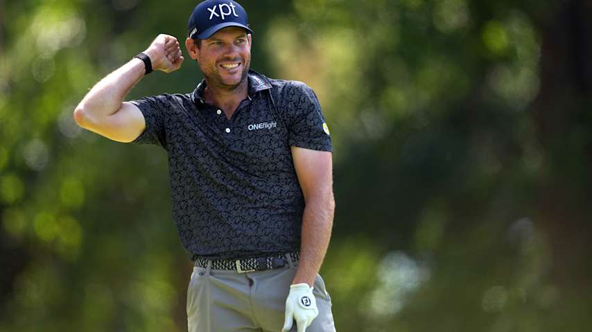 Adam Schenk of the United States reacts after playing his shot from the 14th tee during the second round of the ONEflight Myrtle Beach Classic 2026 at Dunes Golf & Beach Club on May 08, 2026 in Myrtle Beach, South Carolina. (Raj Mehta/Getty Images)